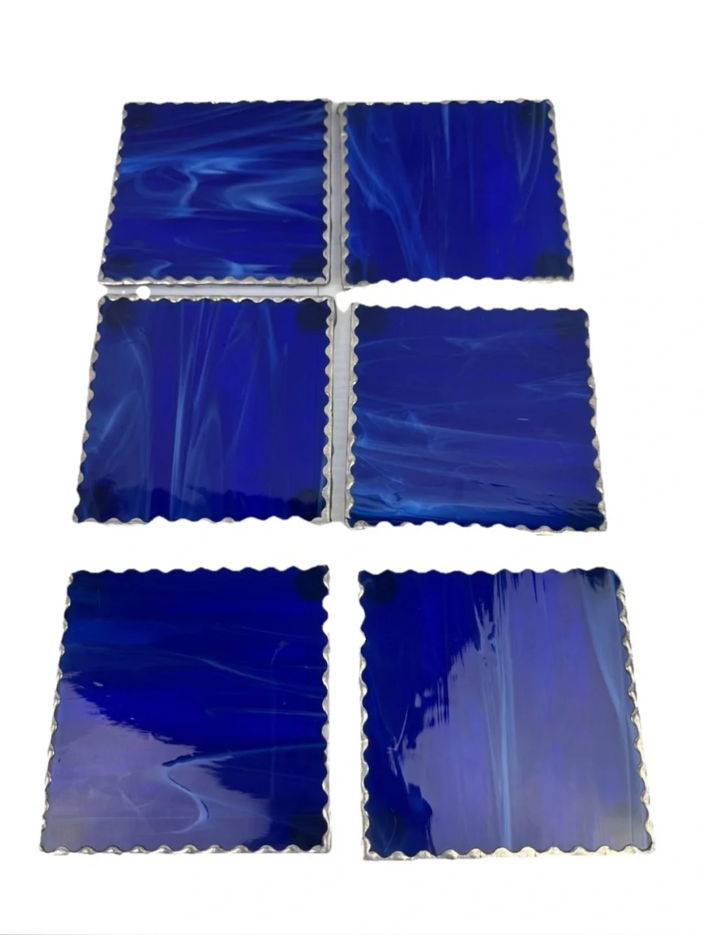 VTG Lot Of 4 Stained Glass Blue Marble Looking Coasters Metallic Boarder 4”Decor